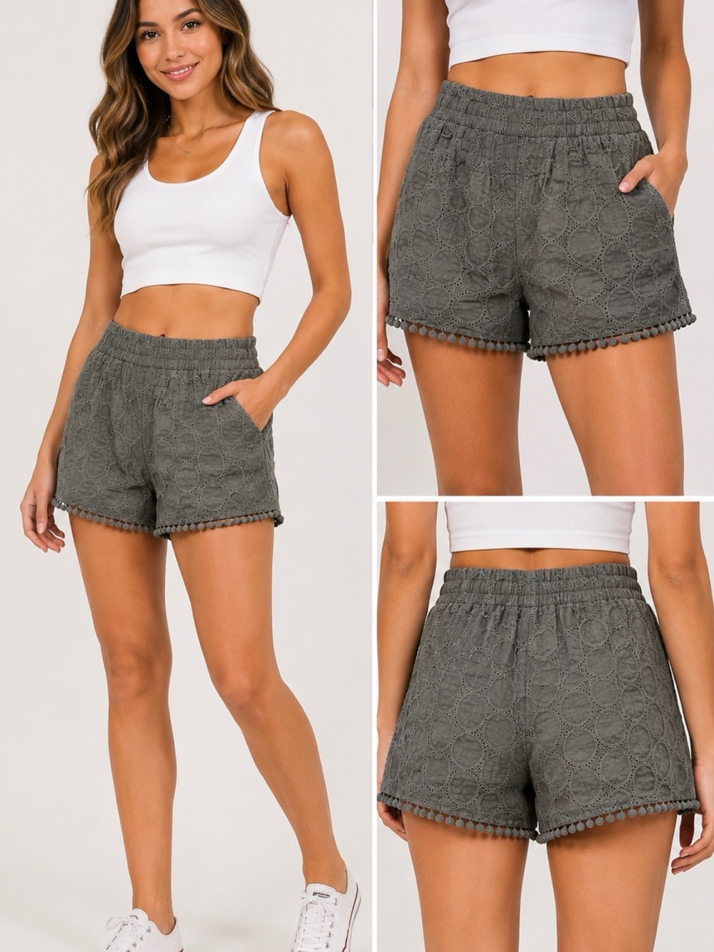 Jolt women’s shorts featuring a crochet dot pattern, Olive Green Color